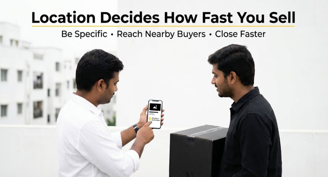 Hyderabad seller showing a used washing machine to a nearby buyer during a local face-to-face classifieds transaction.